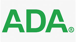 The image features the logo of ADA  American Dental Association , which consists of the letters  ADA  in bold, capitalized white font against a green background with a white border.