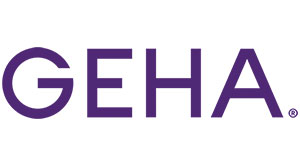 The image shows a logo with the text  GEHA  prominently displayed on a purple background, set against a grey gradient backdrop.