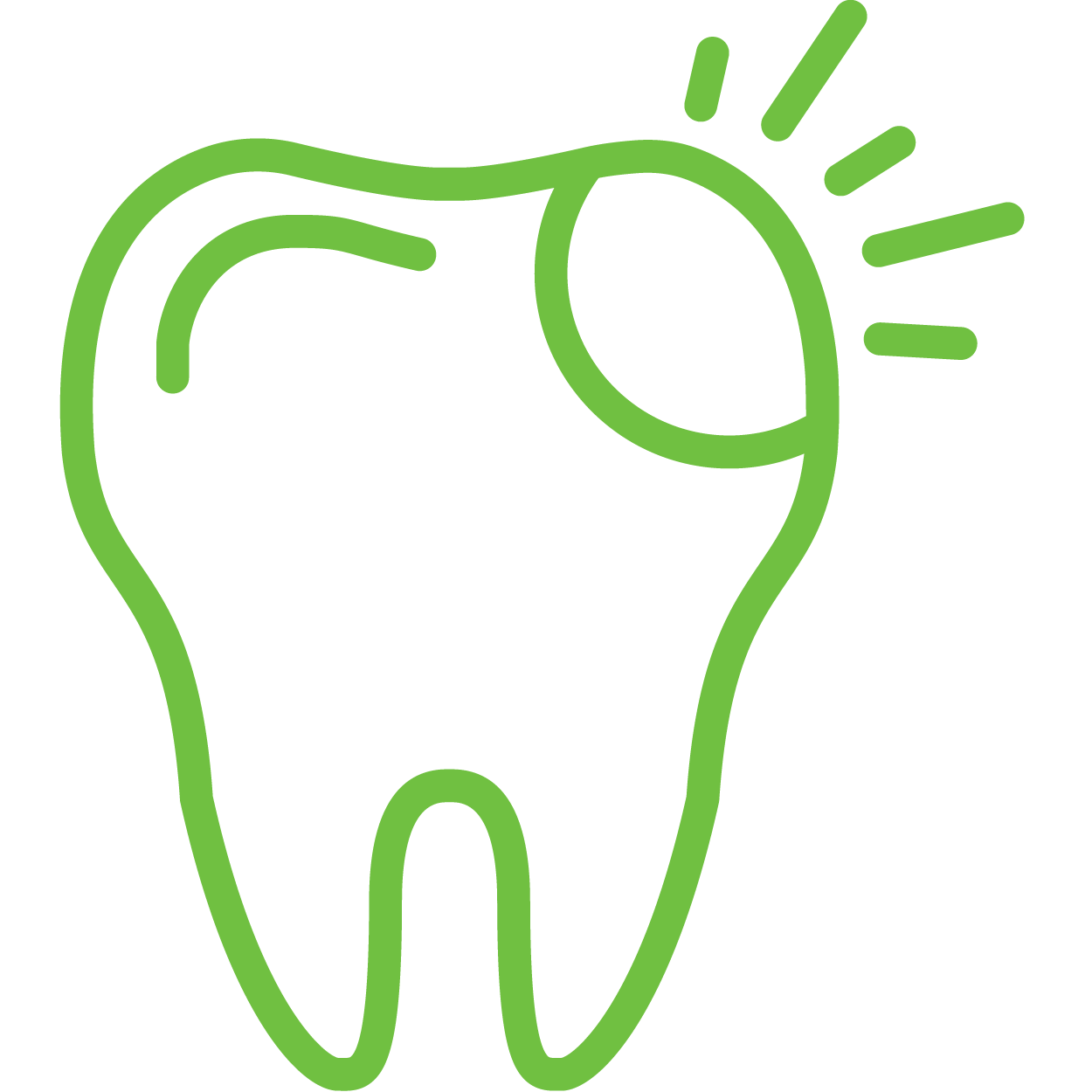 The image displays a stylized graphic of a tooth with a light bulb above it, set against a black background with a green outline.