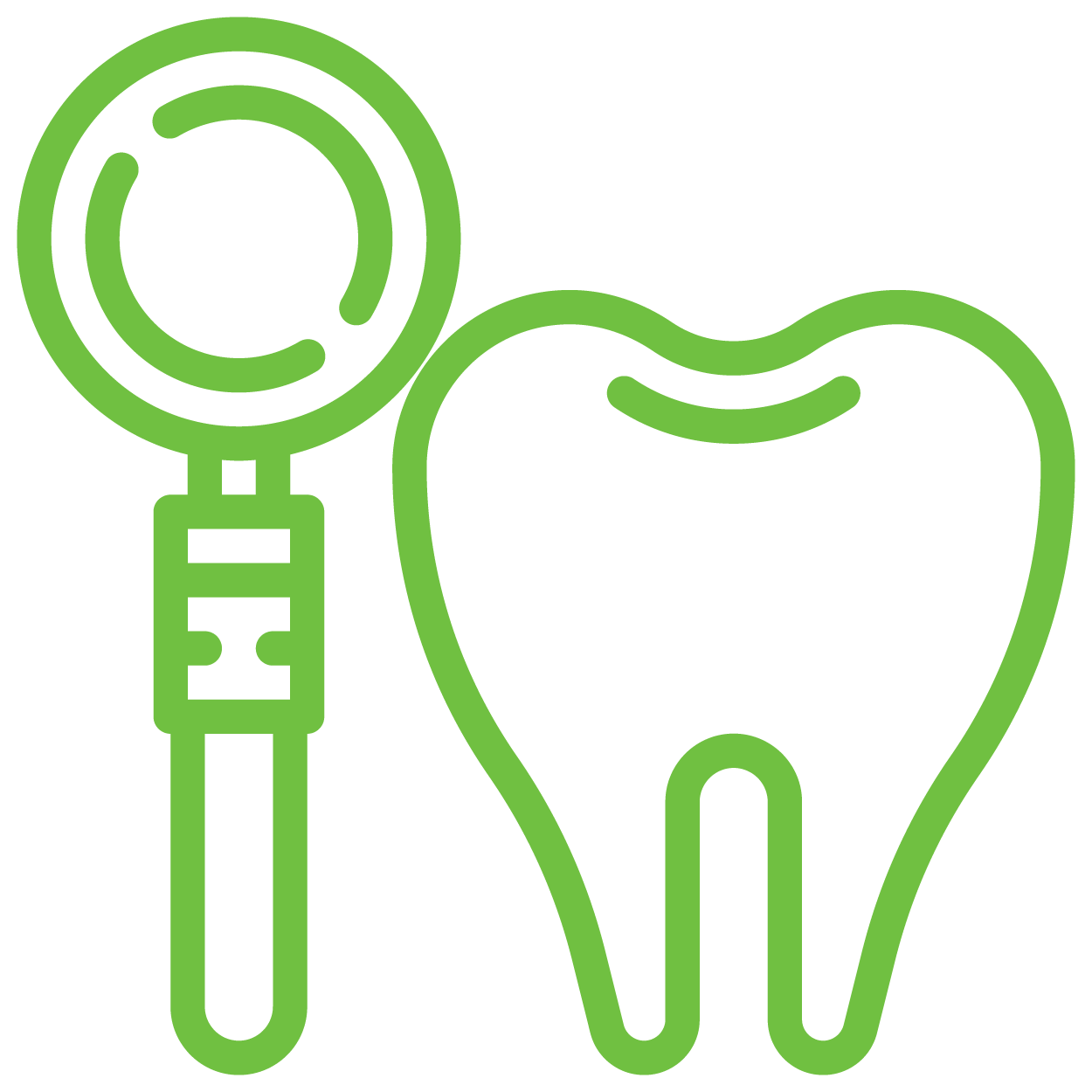 The image depicts a stylized icon featuring a tooth with a magnifying glass next to it, symbolizing dental care or dental examination services.