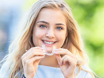 A young woman wearing braces is smiling at the camera while holding up her toothbrush.